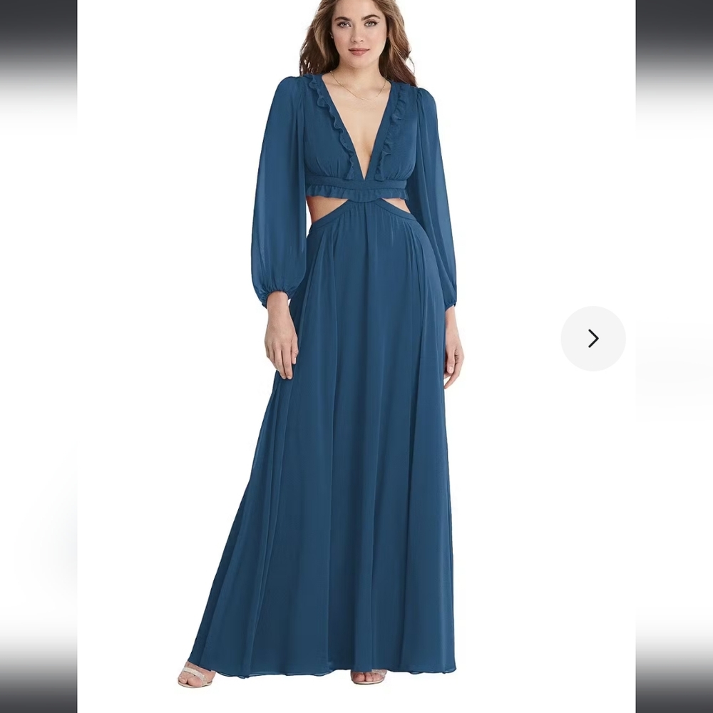 Lovely Bishop Sleeve Ruffled Chiffon Cutout Maxi Dress In Dusk Blue